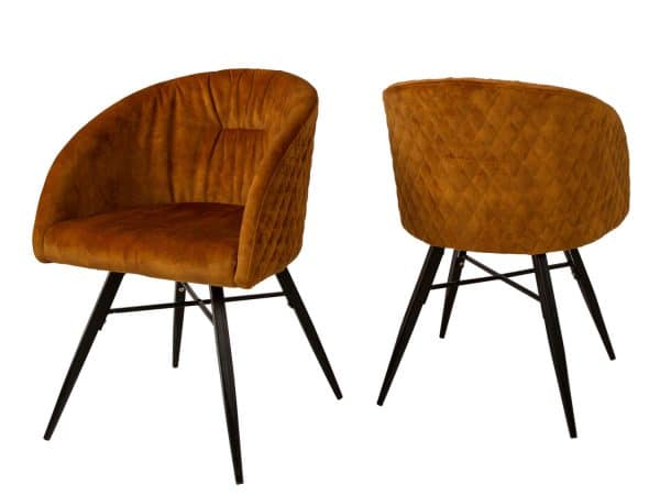 CANETT Ida spisebordsstol - gulbrun velour m. sort jernstel, m. armlæn, mønstret