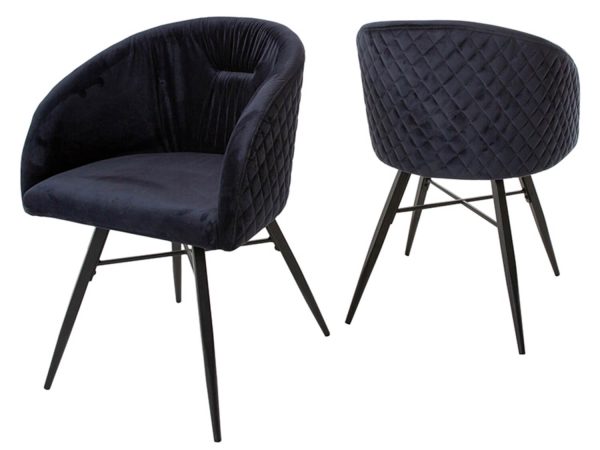 CANETT Ida spisebordsstol - mørkeblå velour m. jernben, m. armlæn, mønstret