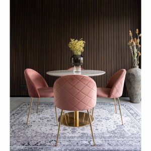 HOUSE NORDIC rund Bolzano spisebord - hvid træ og stål (Ø110) + 4 x velour stole rosa/messing