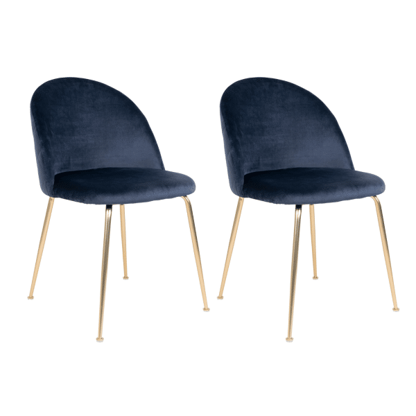 2 x Geneve Spisebordsstole - Spisebordsstol i velour, blå med ben i messing look