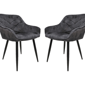 HSM COLLECTION Liverpool spisebordsstol, m. armlæn - antracitgrå velour og sort metal (sæt af 2)