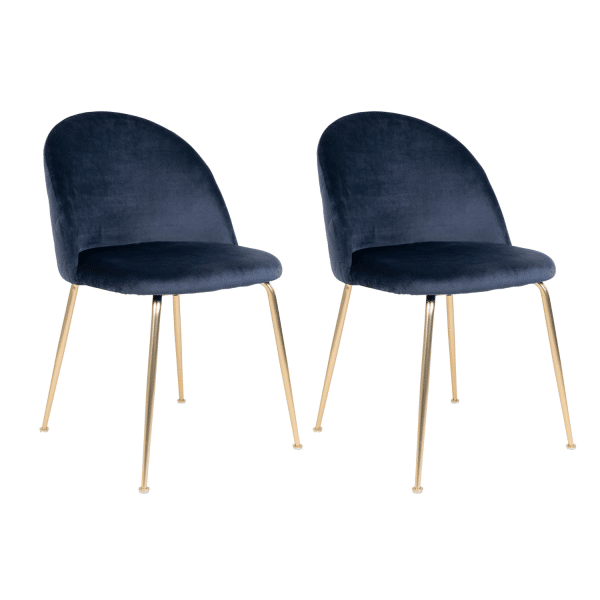2 x Geneve Spisebordsstole i velour, blå med ben i messing look
