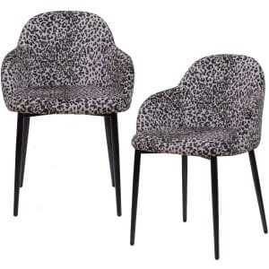 WOOOD Noortje spisebordsstol, m. armlæn - panterprint fløjl polyester og sort metal (sæt med 2)
