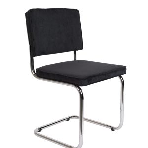 ZUIVER Ridge Rib spisebordsstol - sort fløjl polyester og sølv krom