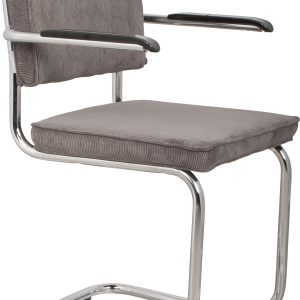 ZUIVER Ridge Rib Kink spisebordsstol, m. armlæn - grå fløjl polyester/nylon og sølv krom