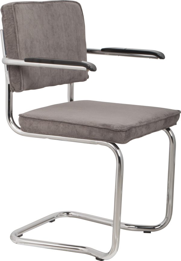 ZUIVER Ridge Rib Kink spisebordsstol, m. armlæn - grå fløjl polyester/nylon og sølv krom
