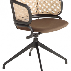 Spisebordsstol med drejefod og armlæn i stål, velour og rattan H74 cm - Sort/Brun/Natur