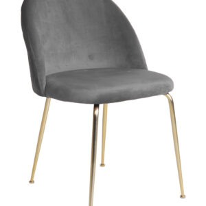 Greve spisebordsstol i grå velour med skålformet ryg og kraftig metalstel i messinglook.