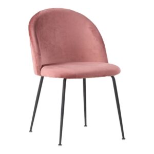 Greve spisebordsstol i rosa velour med skålformet ryg og kraftig sort metal stel.