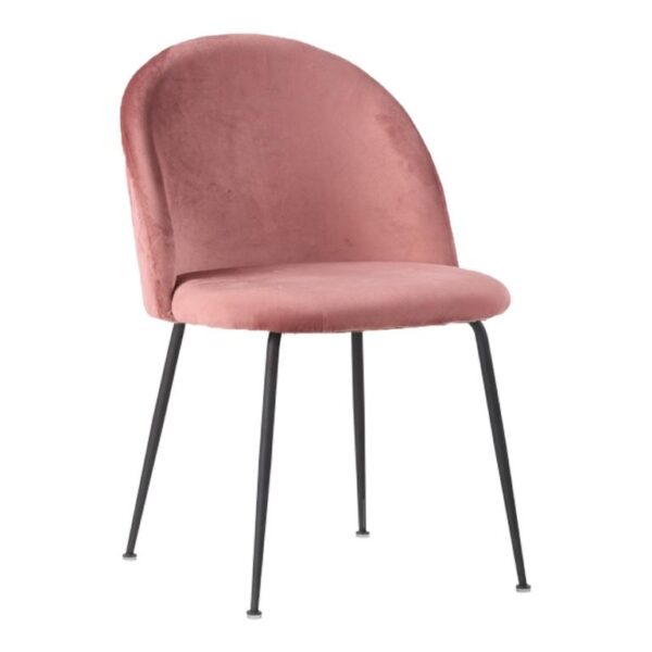 Greve spisebordsstol i rosa velour med skålformet ryg og kraftig sort metal stel.