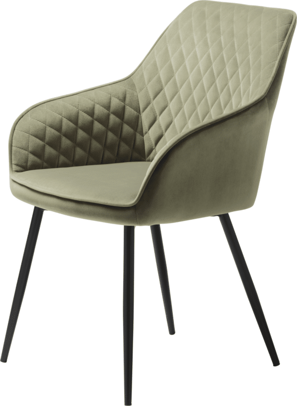 Spisebordsstol Nordique Design Milton med armlæn i olivengrønt velour, sorte metalben