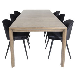 VENTURE DESIGN Slider spisebordssæt, m. 6 stole - smoked egefiner/eg og sort velour/sort metal