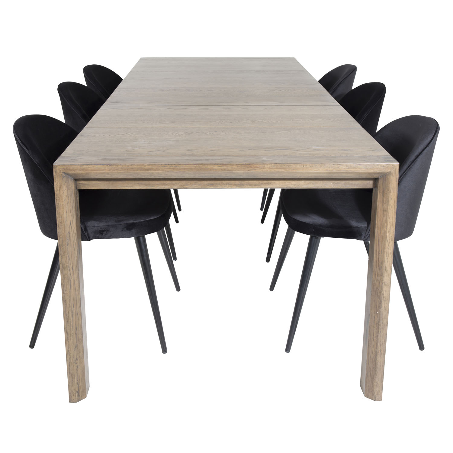 VENTURE DESIGN Slider spisebordssæt, m. 6 stole - smoked egefiner/eg og sort velour/sort metal