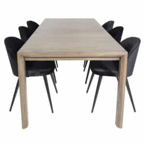 VENTURE DESIGN Slider spisebordssæt, m. 6 stole - smoked egefiner/eg og sort velour/sort metal