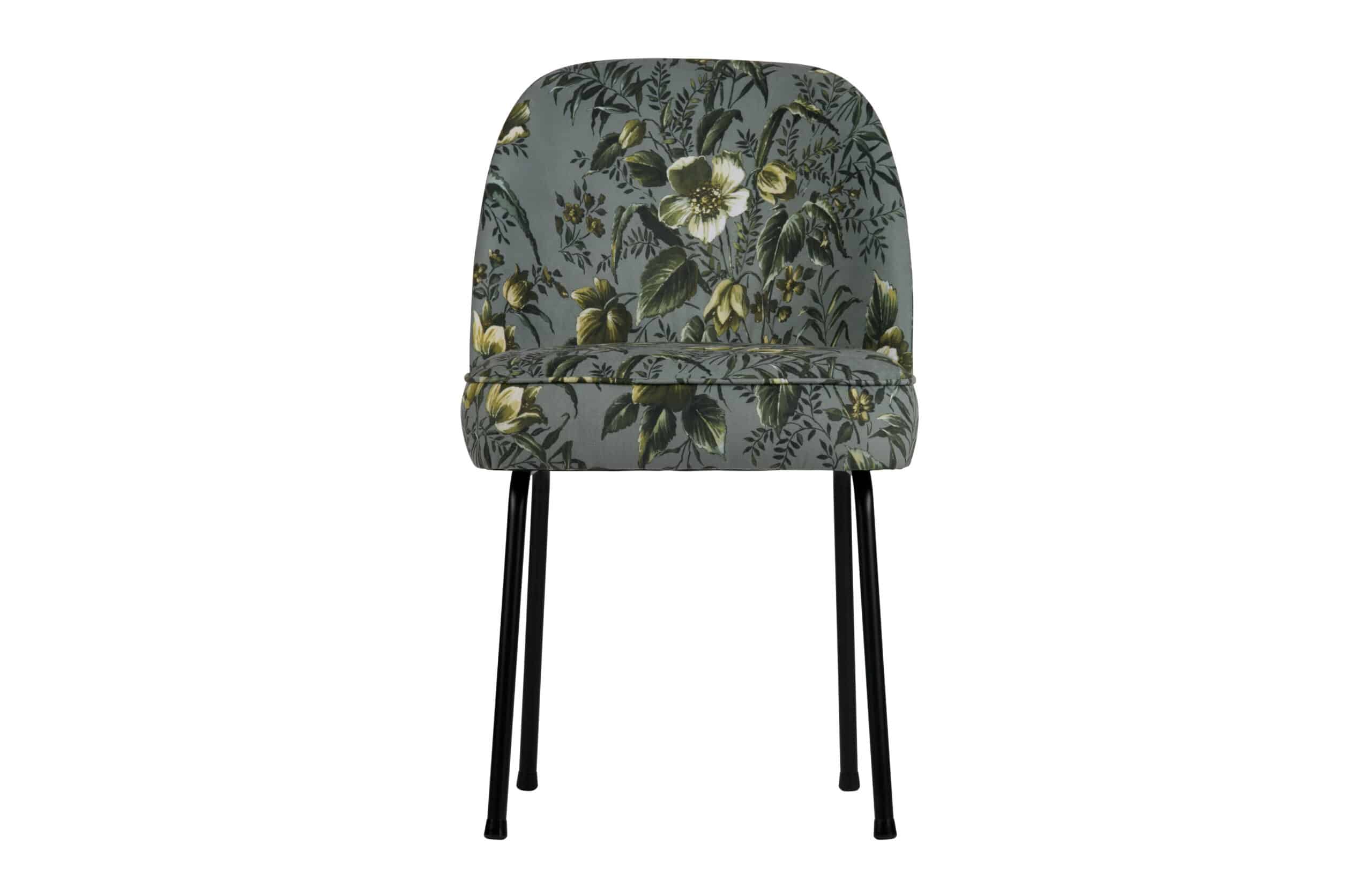WOOOD Vogue spisebordsstol - grå fløjl polyester m. valmueprint og sort metal