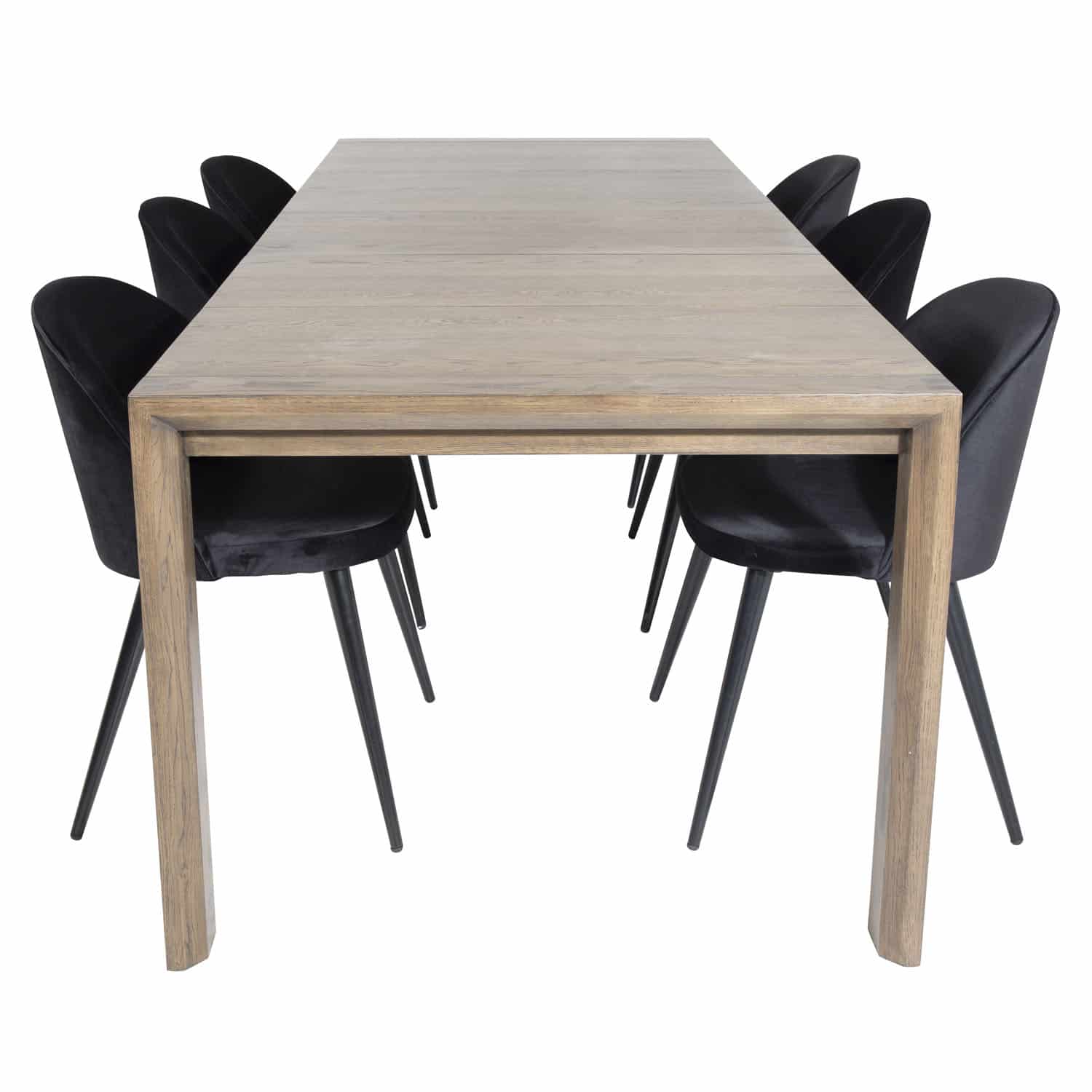 VENTURE DESIGN Slider spisebordssæt, m. 6 stole - smoked egefiner/eg og sort velour/sort metal